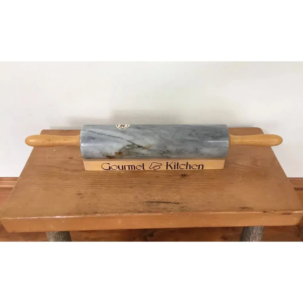 Vtg Gourmet Kitchen Himark Solid Marble Pastry Dough Baking Rolling Pin w Stand
